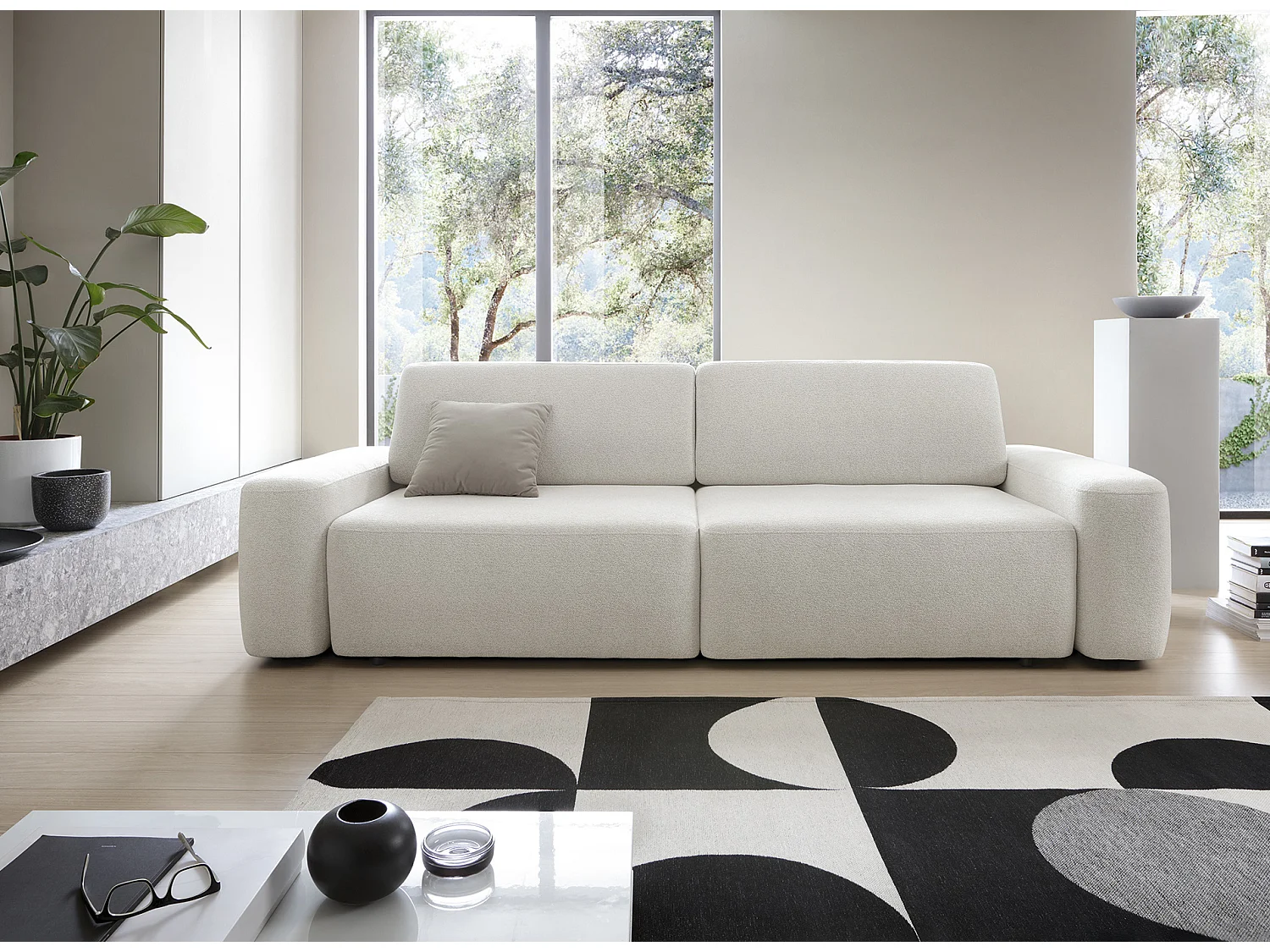 4-zitsbank, vrijstaand, opbergruimte, PUR-schuim, stof Raven, slaapfunctie 120x200cm, afm. 257x82x105cm, Beige