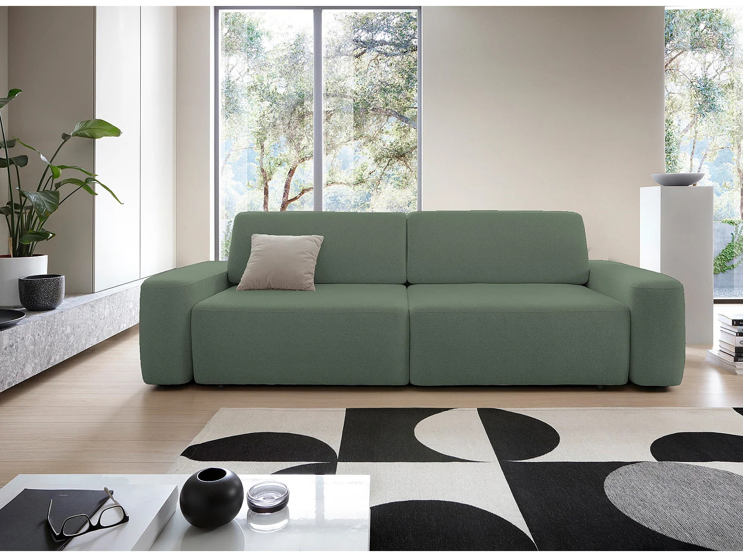 4-zitsbank, vrijstaand, opbergruimte, PUR-schuim, stof Raven, slaapfunctie 120x200cm, afm. 257x82x105cm, Groen