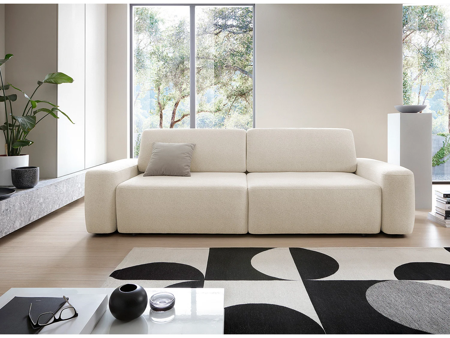4-zitsbank, vrijstaand, opbergruimte, PUR-schuim, stof Raven, slaapfunctie 120x200cm, afm. 257x82x105cm, Zand