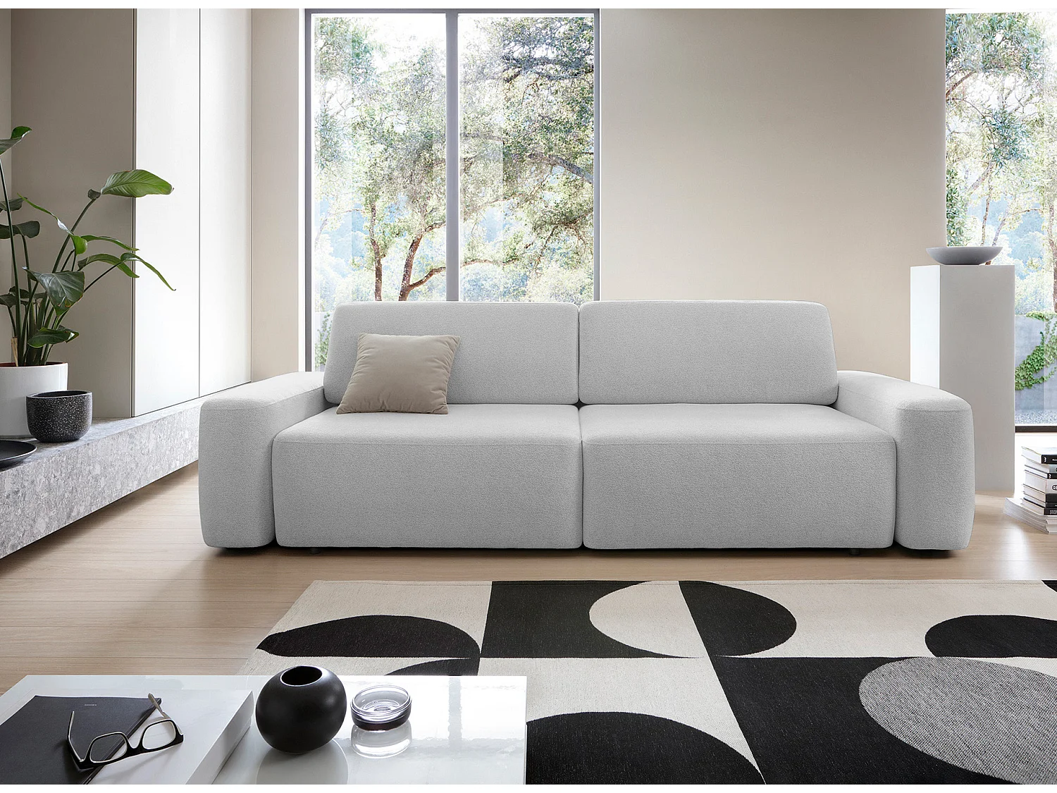 4-zitsbank, vrijstaand, opbergruimte, PUR-schuim, stof Raven, slaapfunctie 120x200cm, afm. 257x82x105cm, As