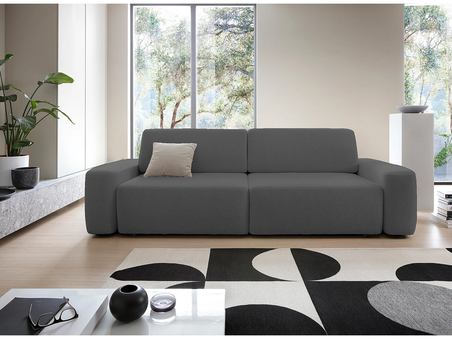 4-zitsbank, vrijstaand, opbergruimte, PUR-schuim, stof Raven, slaapfunctie 120x200cm, afm. 257x82x105cm, Grijs