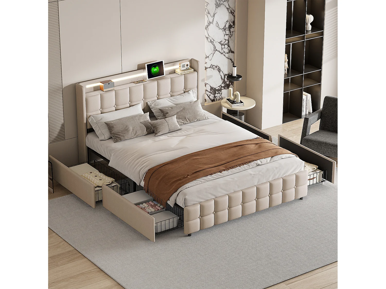 160*200cm gestoffeerd bedframe, 4 lades met USB-oplaadfunctie, LED-nachtkastje, linnen, grijs