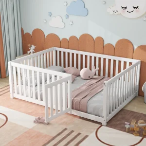 140x200cm kinderbed, bedframe, zonder latten, kinderbed met hek en deur, Dennen, wit 140x200cm kinderbed, bedframe, zonder latten, kinderbed met hek en deur, Dennen, wit