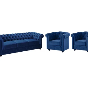 Driezitsbank en 2 fauteuils CHESTERFIELD – fluweel – blauw Driezitsbank en 2 fauteuils CHESTERFIELD – fluweel – blauw