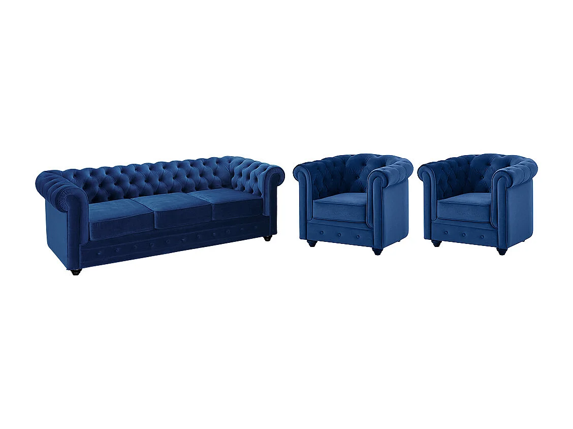 Driezitsbank en 2 fauteuils CHESTERFIELD - fluweel - blauw