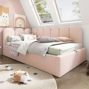 90x190cm zachte kussens slaapbank voor kinderen, met hydraulische opslag, fluweel, roze