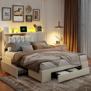 140*200cm ladebedframe, verlicht hoofdeinde, met opbergfunctie + oplaadaansluiting, beige, fluweel
