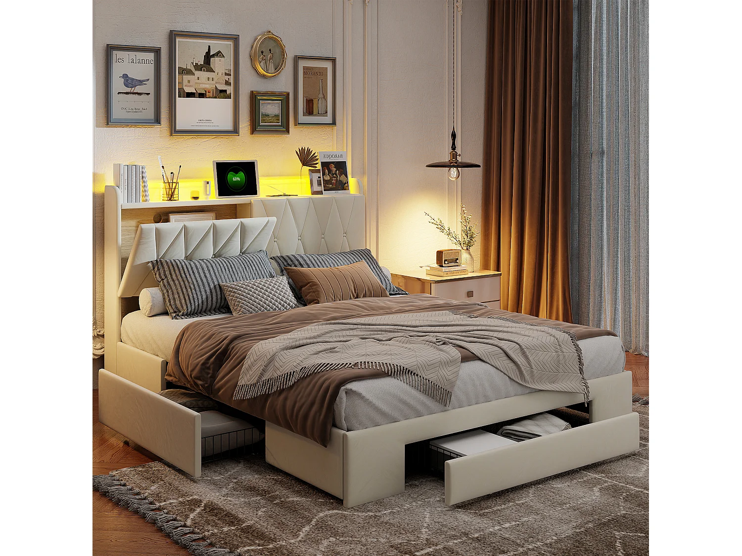 140*200cm ladebedframe, verlicht hoofdeinde, met opbergfunctie + oplaadaansluiting, beige, fluweel