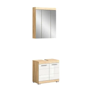 Badkamermeubelset RIDLEY – Onderbouwkast en spiegelopslag – Wit en licht eiken Badkamermeubelset RIDLEY – Onderbouwkast en spiegelopslag – Wit en licht eiken