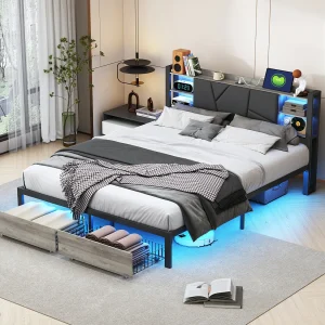 140*200 cm ijzeren en houten bed, dubbele lades, nachtkastje met lichtbalk + Europees oplaadpunt