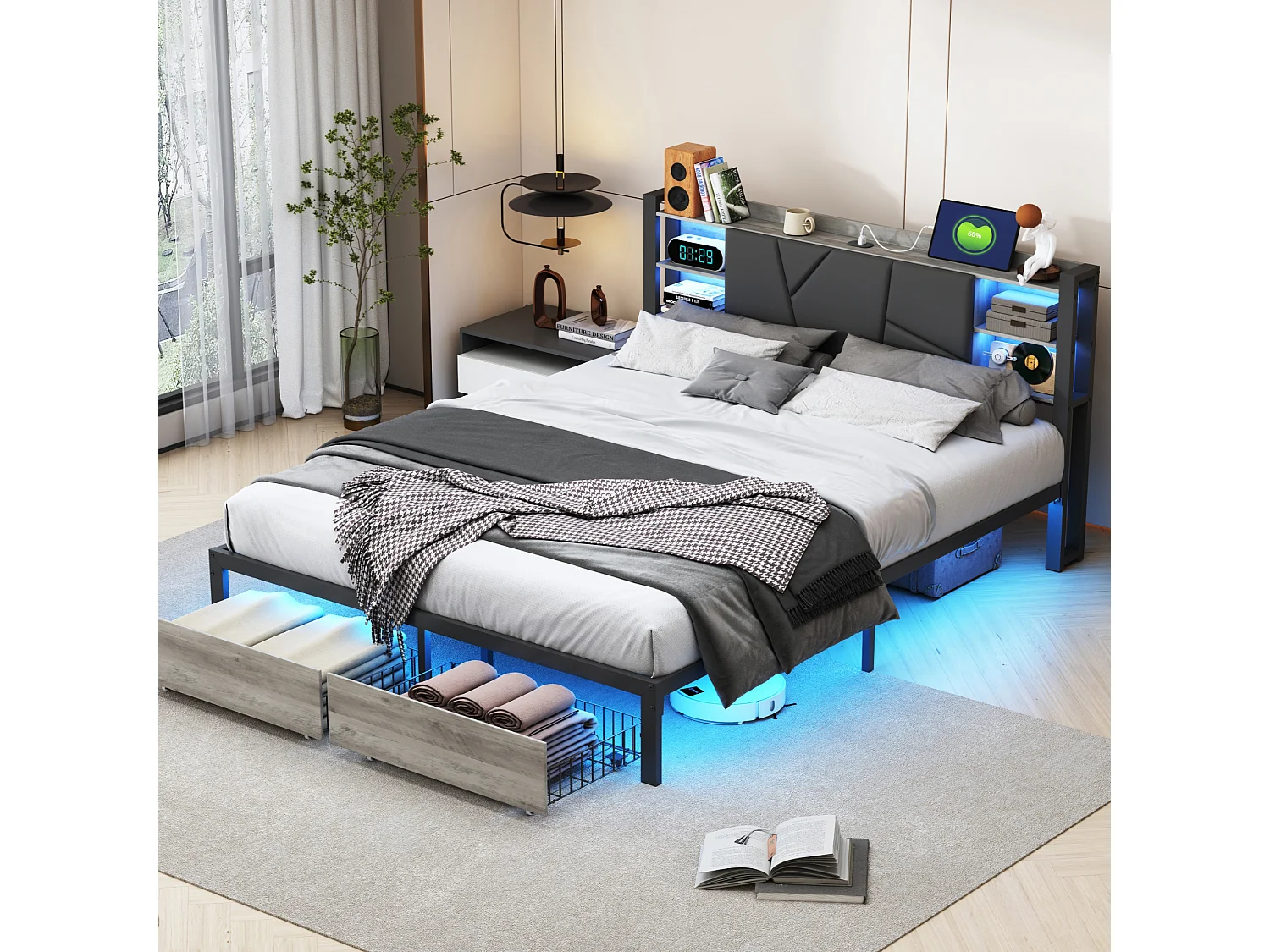 140*200 cm ijzeren en houten bed, dubbele lades, nachtkastje met lichtbalk + Europees oplaadpunt