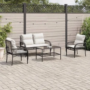 4-delige Loungeset met kussens poly rattan zwart 4-delige Loungeset met kussens poly rattan zwart