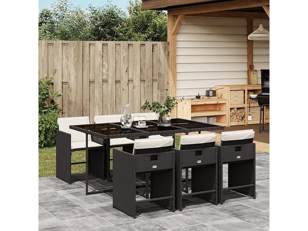 7-delige Tuinset met kussens poly rattan zwart