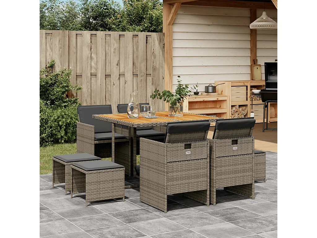 9-delige Tuinset met kussens poly rattan grijs