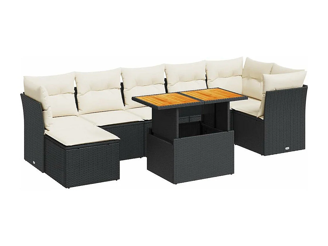 8-delige Loungeset met kussens poly rattan zwart