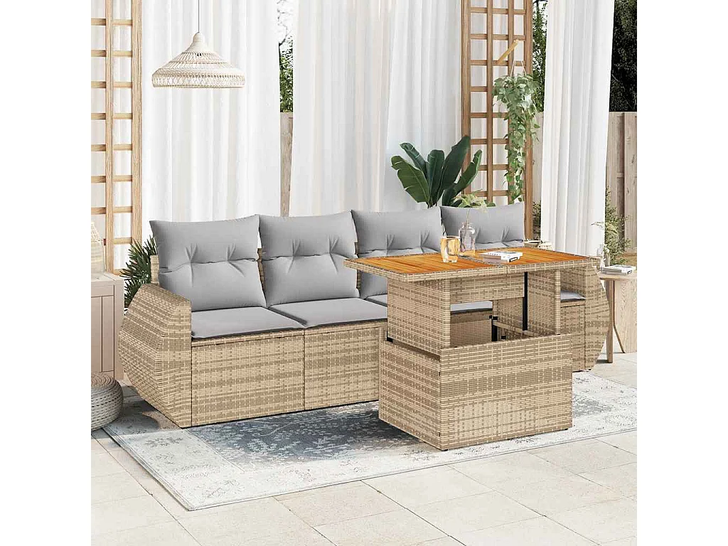 5-delige Loungeset met kussens poly rattan beige