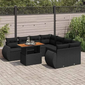 9-delige Loungeset met kussens poly rattan zwart 9-delige Loungeset met kussens poly rattan zwart