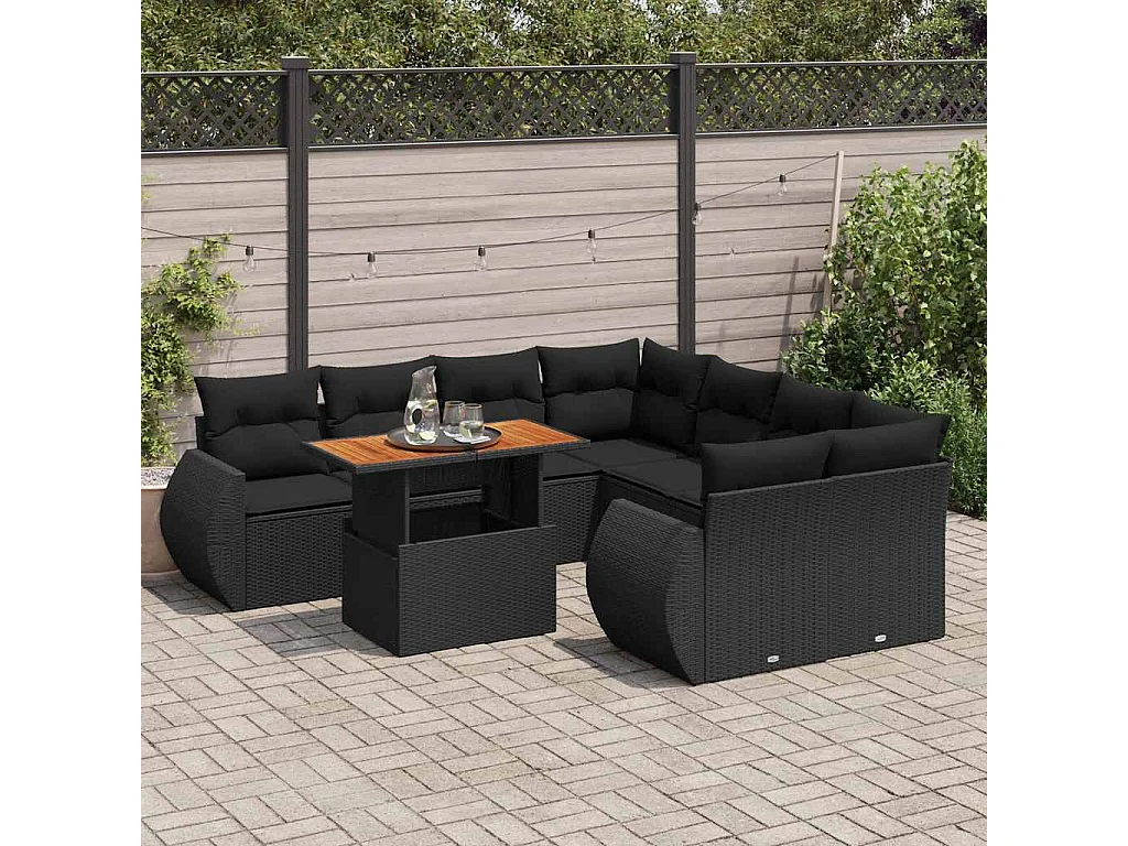 9-delige Loungeset met kussens poly rattan zwart