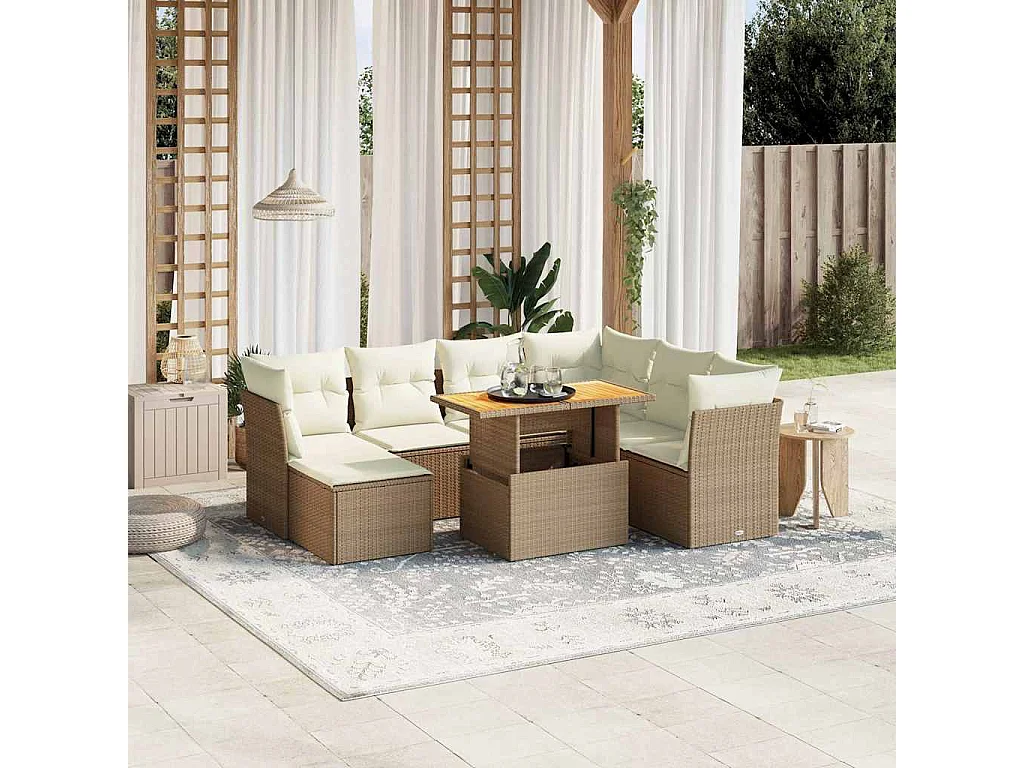 8-delige Loungeset met kussens poly rattan beige