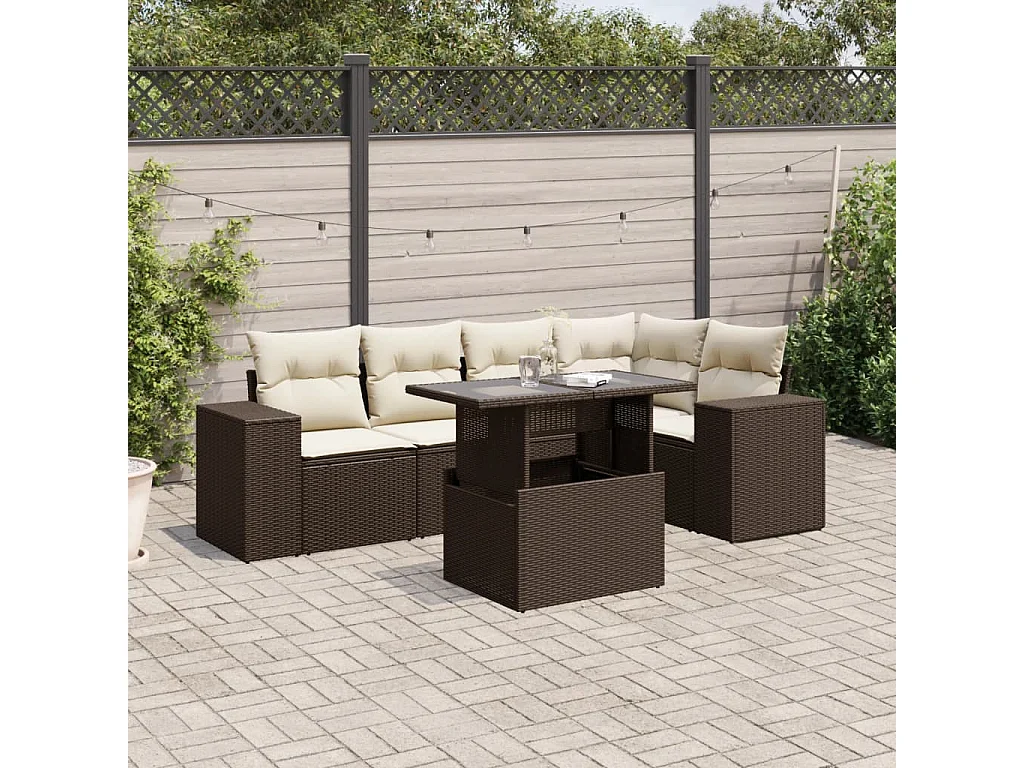 6-delige Loungeset met kussens poly rattan bruin