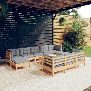 11-delige Loungeset met grijze kussens massief grenenhout 11-delige Loungeset met grijze kussens massief grenenhout