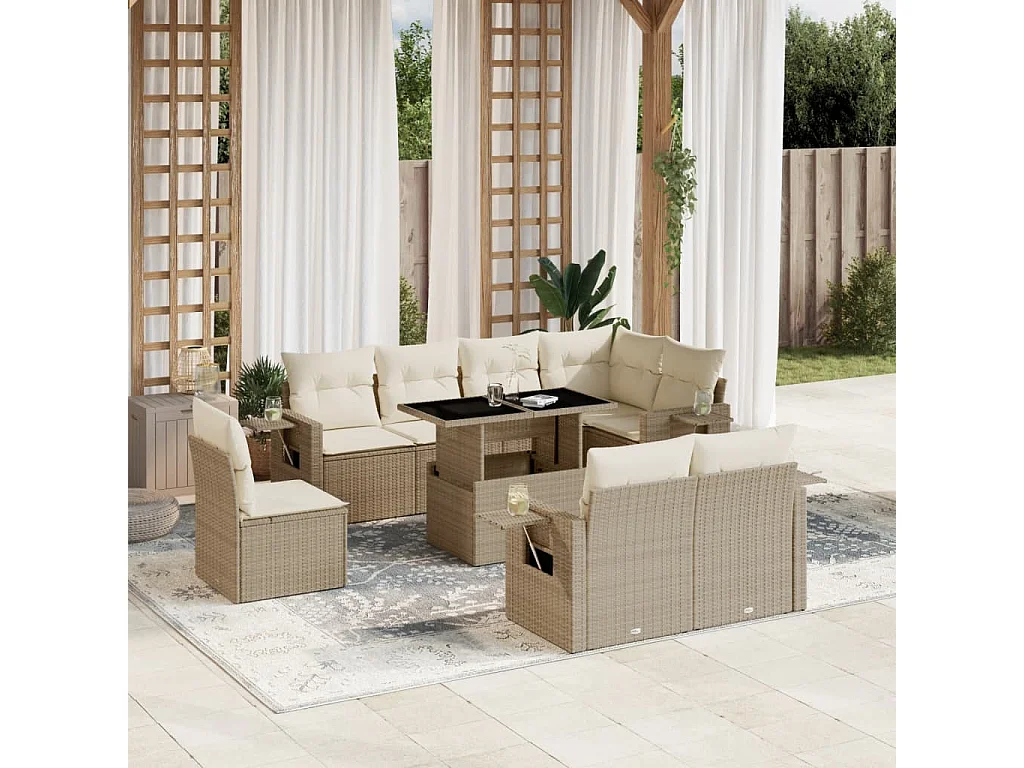 9-delige Loungeset met kussens poly rattan beige