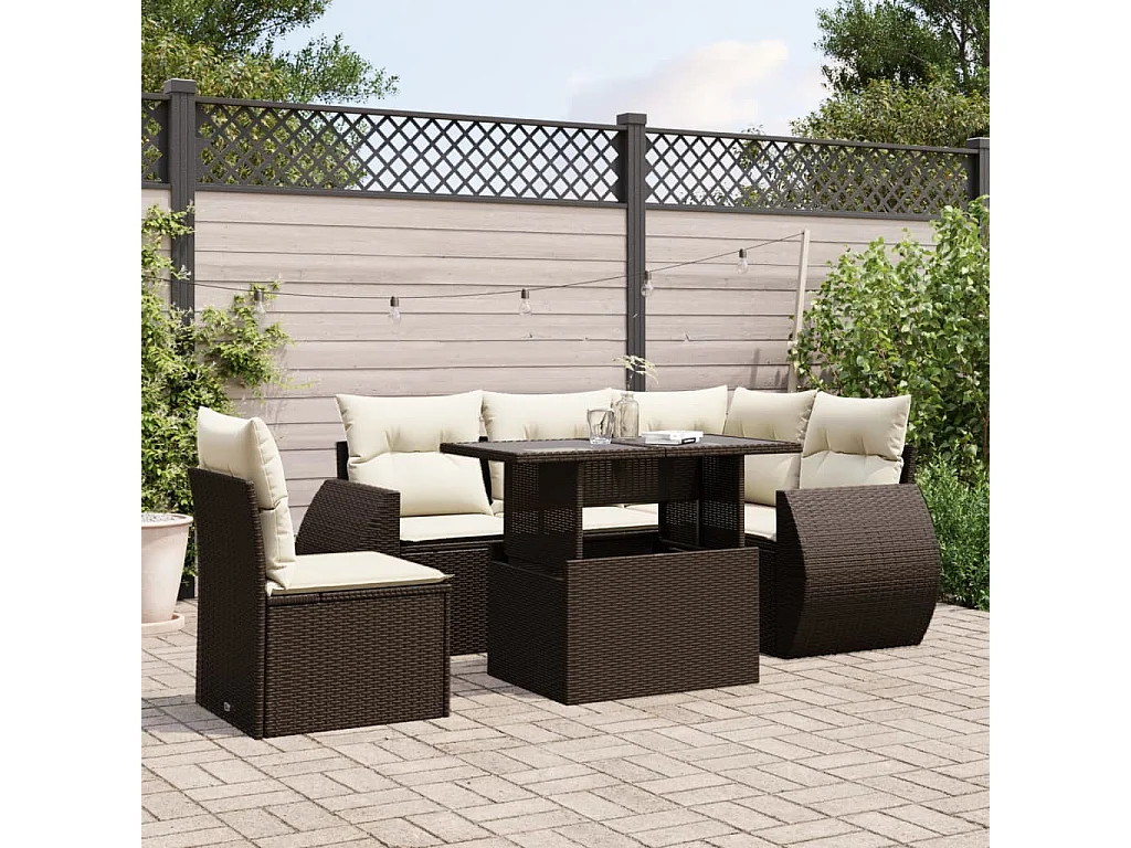 6-delige Loungeset met kussens poly rattan bruin