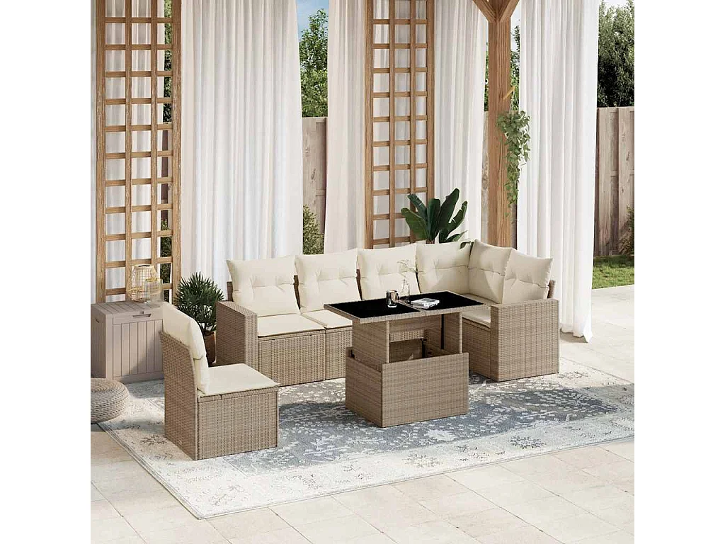 7-delige Loungeset met kussens poly rattan beige