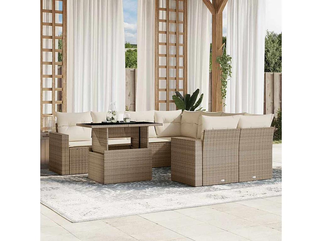 9-delige Loungeset met kussens poly rattan beige