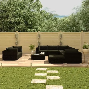 10-delige Loungeset met kussens poly rattan zwart 10-delige Loungeset met kussens poly rattan zwart