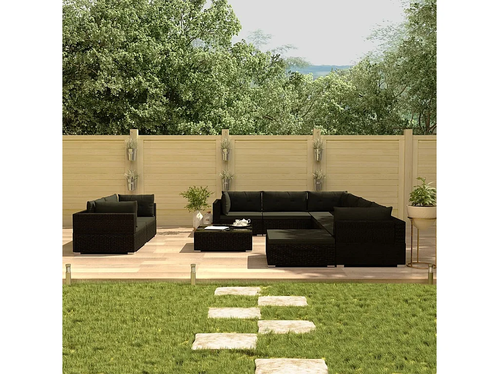 10-delige Loungeset met kussens poly rattan zwart