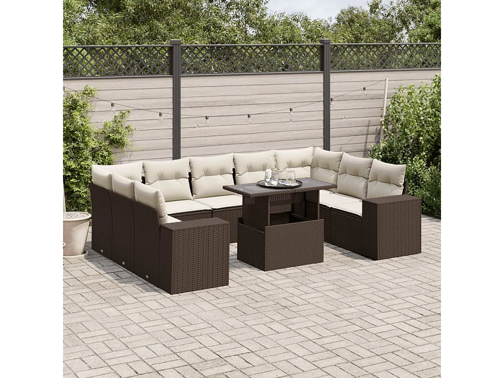 10-delige Loungeset met kussens poly rattan bruin