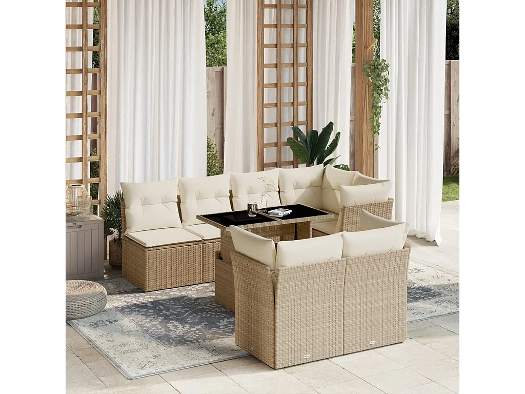 8-delige Loungeset met kussens poly rattan beige