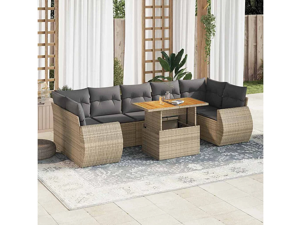 8-delige Loungeset met kussens poly rattan beige