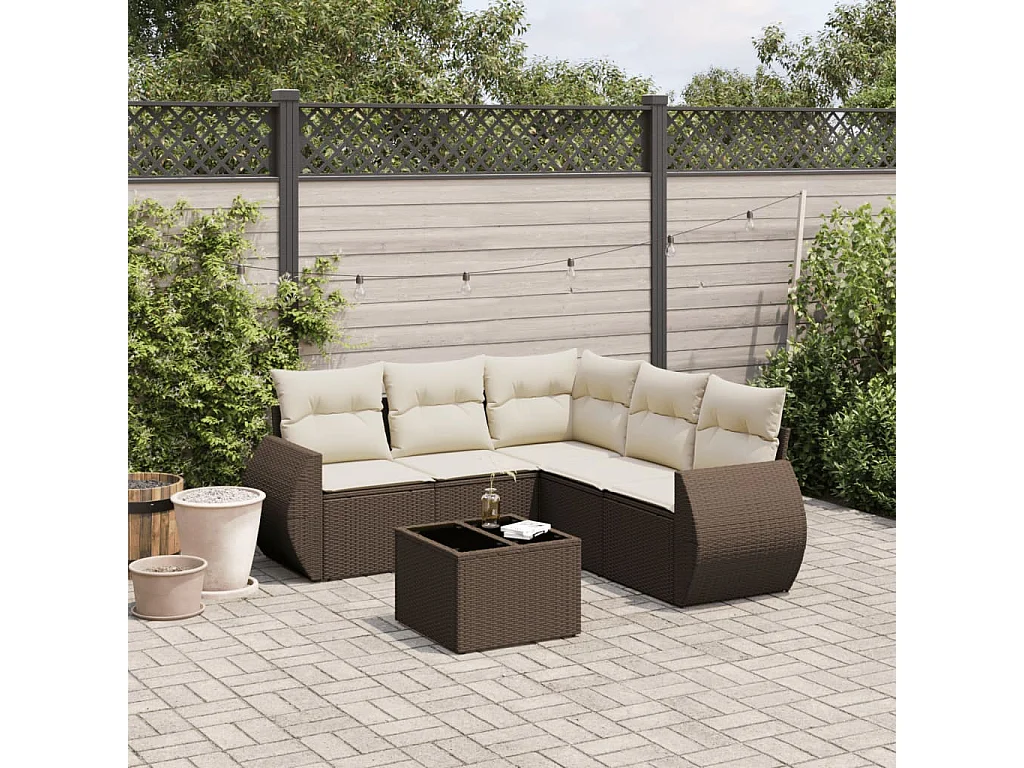 6-delige Loungeset met kussens poly rattan bruin
