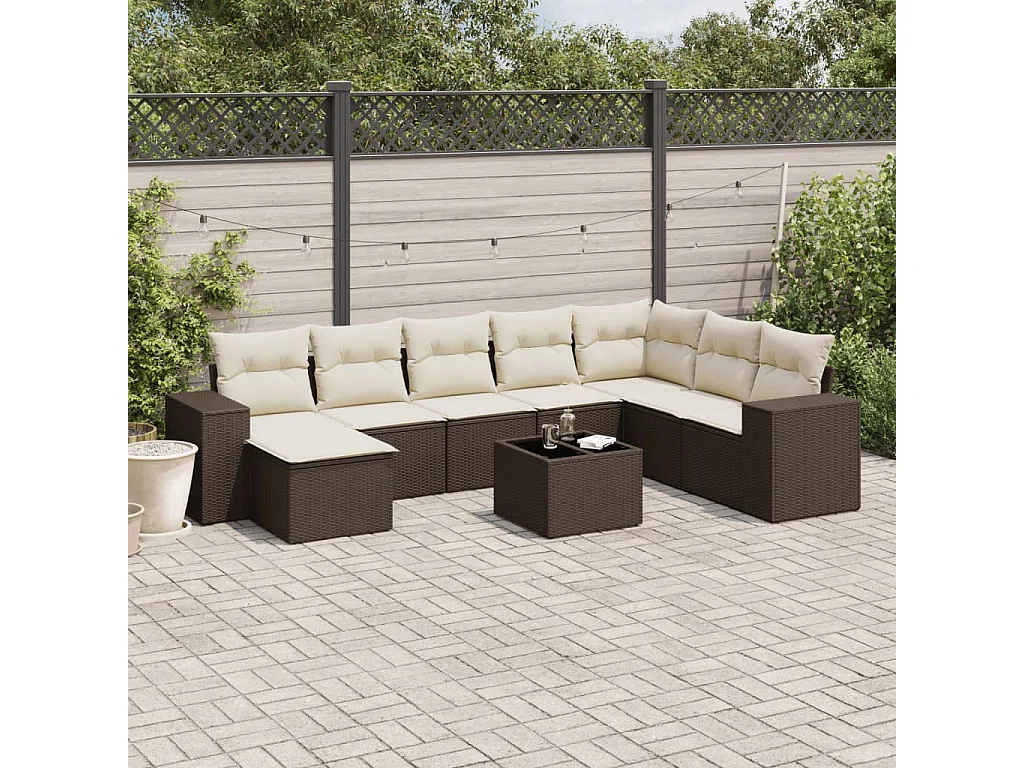 9-delige Loungeset met kussens poly rattan bruin