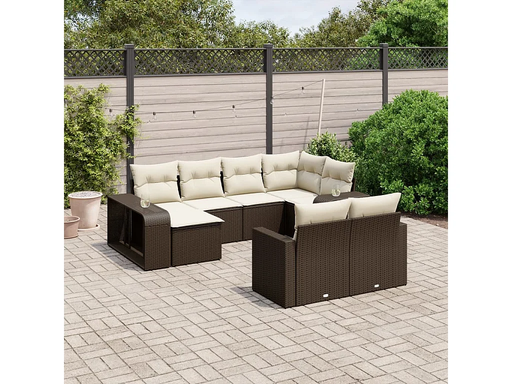 10-delige Loungeset met kussens poly rattan bruin