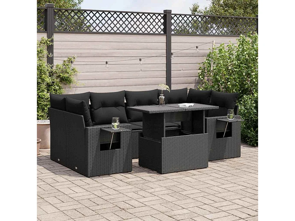 7-delige Loungeset met kussens poly rattan zwart