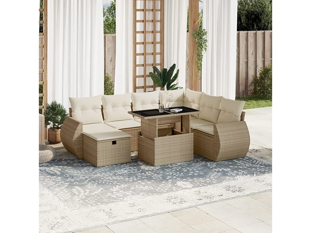 8-delige Loungeset met kussens poly rattan beige