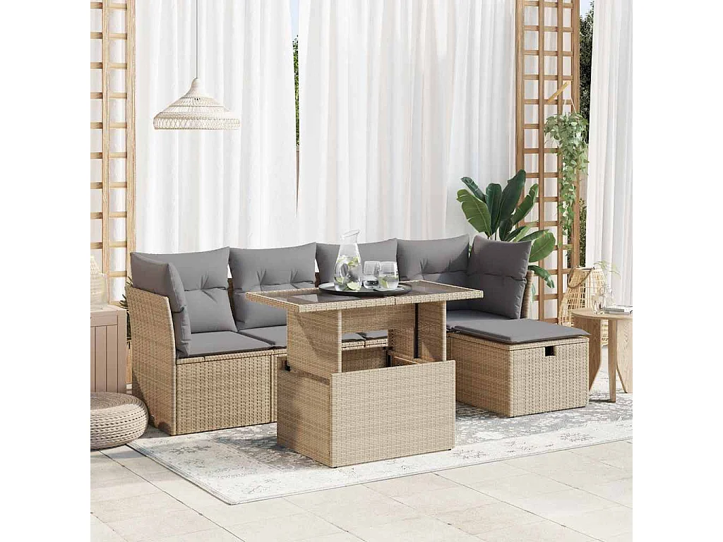 6-delige Loungeset met kussens poly rattan beige