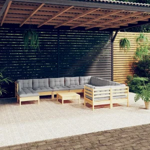 11-delige Loungeset met grijze kussens grenenhout 11-delige Loungeset met grijze kussens grenenhout