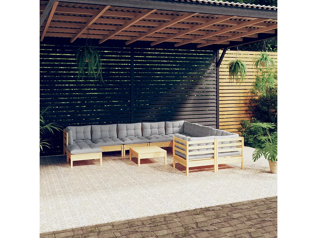 11-delige Loungeset met grijze kussens grenenhout