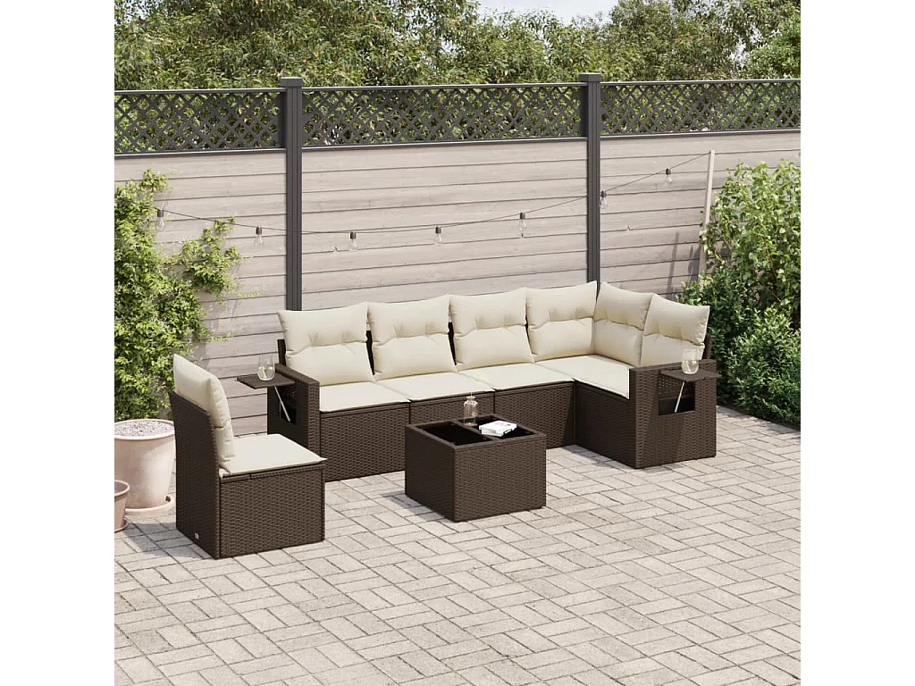 7-delige Loungeset met kussens poly rattan bruin