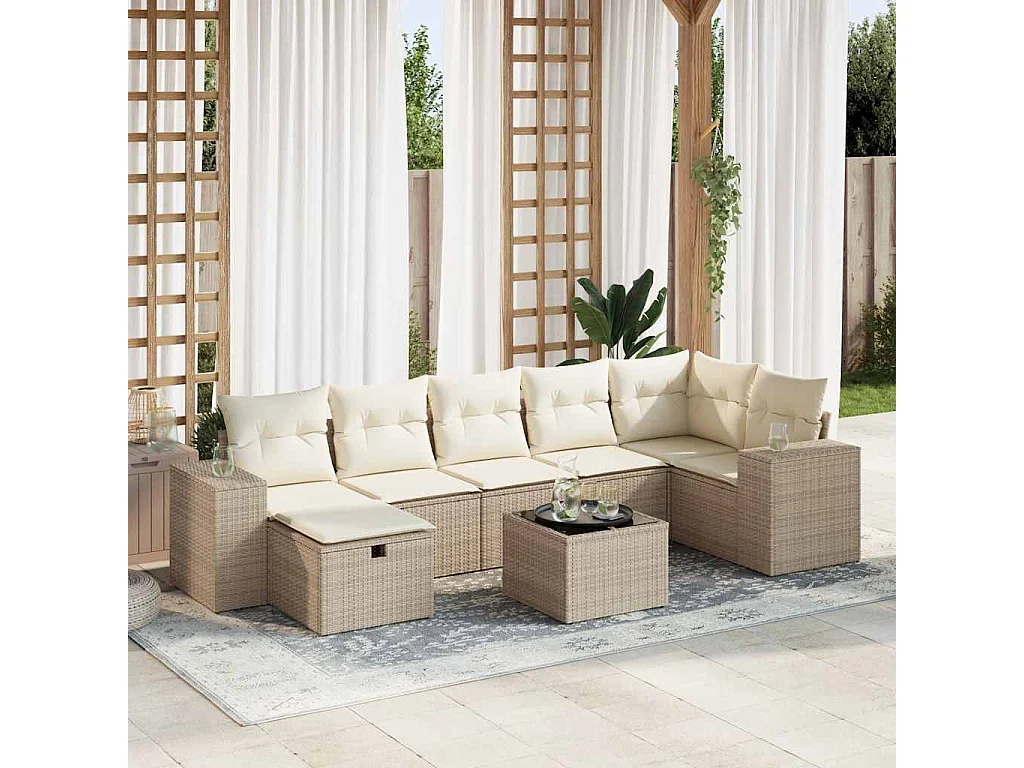 8-delige Loungeset met kussens poly rattan beige