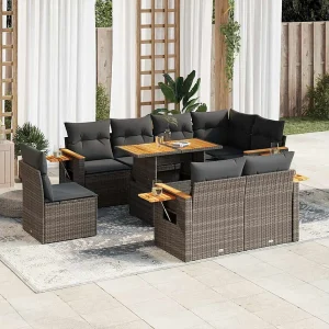 9-delige Loungeset met kussens poly rattan acacia grijs 9-delige Loungeset met kussens poly rattan acacia grijs