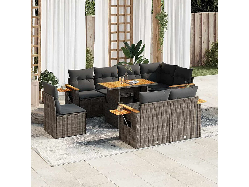 9-delige Loungeset met kussens poly rattan acacia grijs