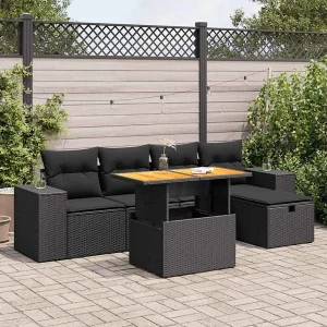 6-delige Loungeset met kussens poly rattan acacia zwart 6-delige Loungeset met kussens poly rattan acacia zwart