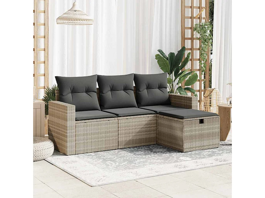 4-delige Loungeset met kussens poly rattan lichtgrijs