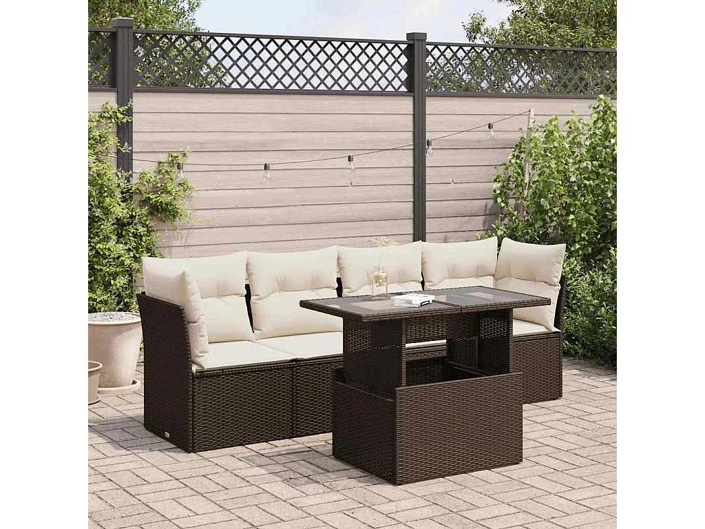 5-delige Loungeset met kussens poly rattan bruin