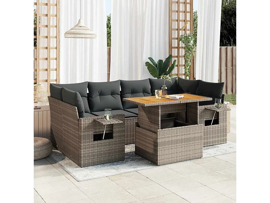 7-delige Loungeset met kussens poly rattan grijs